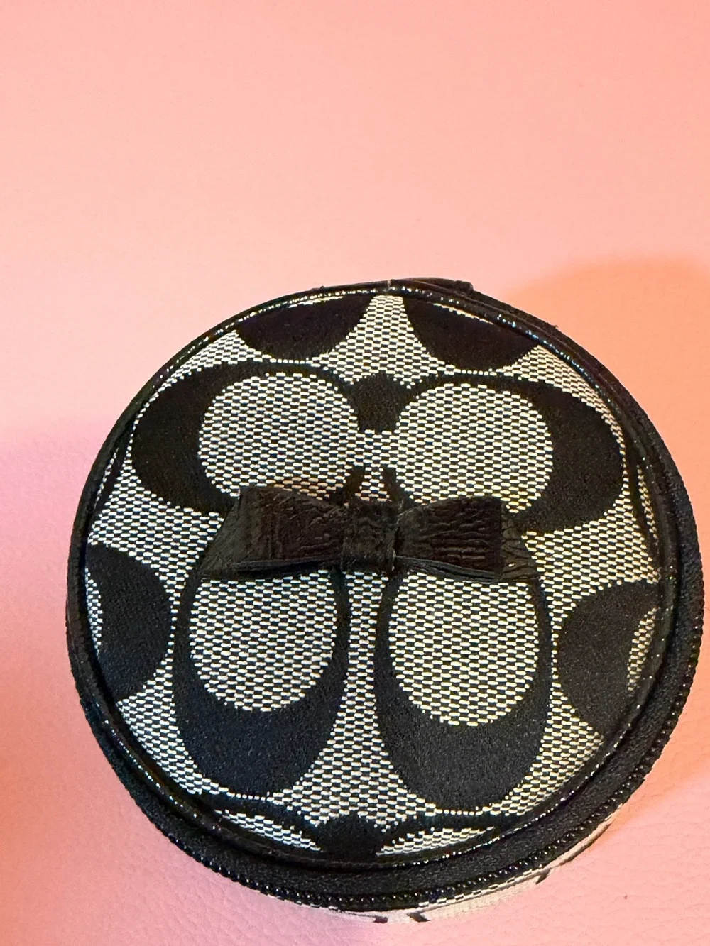 Coach Black & Cream Patterned Round Jewelry Case